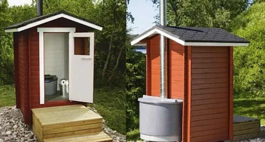 Дизайн туалета-домика с унитазом и бочкой
