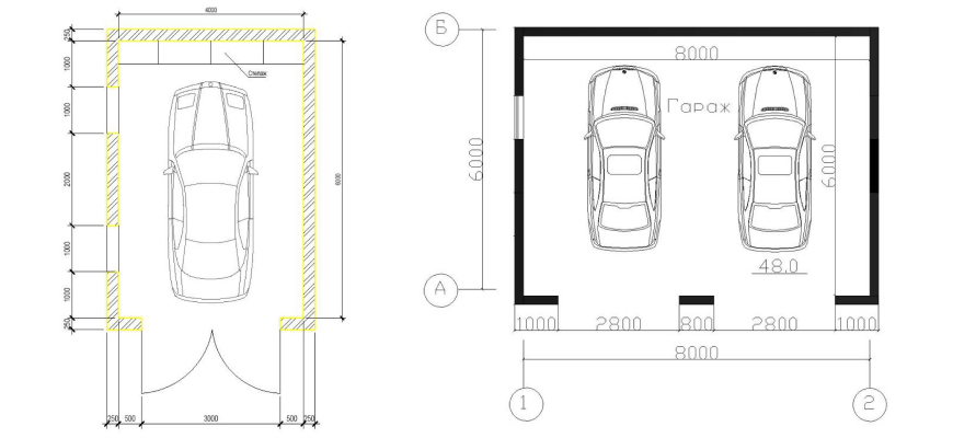 План гаража на 1 и 2 машины